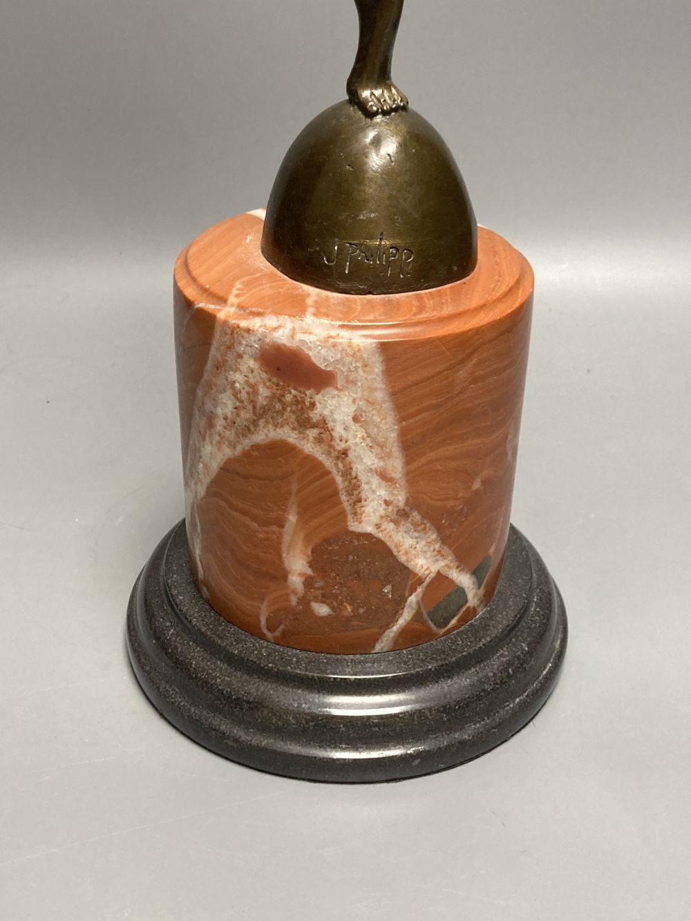 J Philipp. An Art Deco bronze female dancer, cylindrical marble plinth, 57cm